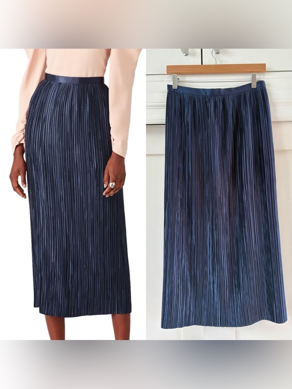 Tibi Navy Plissé Pleated Column Midi Skirt – Size 4